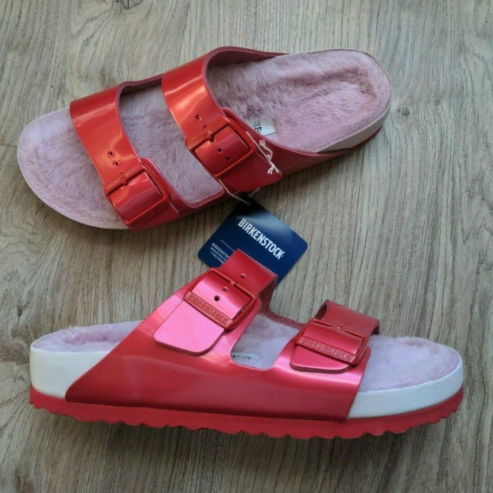 Birkenstock Dark Pink-Red Arizona Sandals with Light Pink Shearling Footbed - Picture 3 of 14